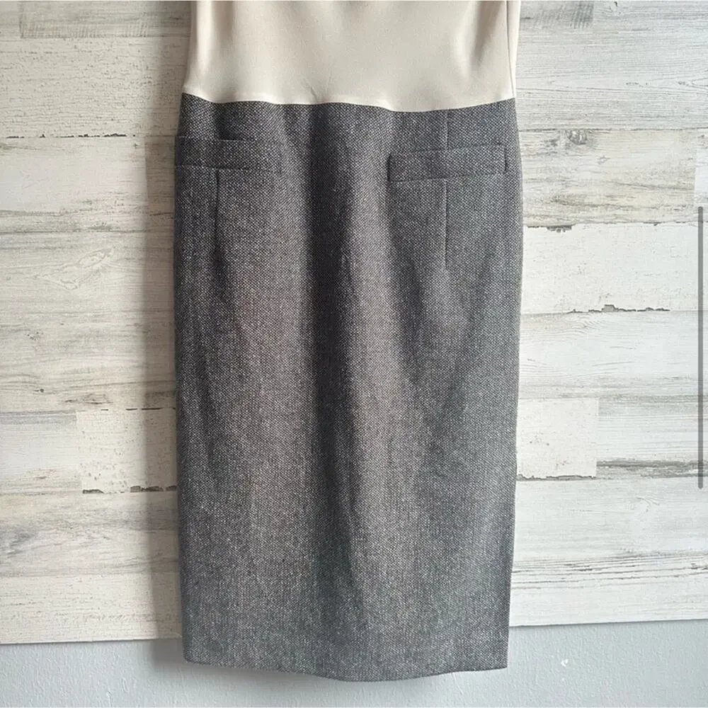 Escada‎ Classic Silk Tweed Shift Midi Dress Side Slit Sz 8 Beige Grey
